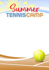 Summer Tennis Camp. Template poster with realistic tennis ball. Place for your text message. Vector illustration.
