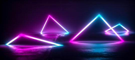 Futuristic Sci-Fi Abstract Blue And Purple Neon Light Shapes On Black Background And Reflective Concrete With Empty Space For Text 3D