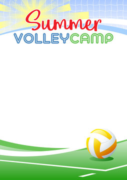 Summer Volleyball Camp. Template poster with realistic volleyball ball. Place for your text message. Vector illustration.