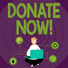 Naklejka premium Conceptual hand writing showing Donate Now. Concept meaning Give something to charity Be an organ donor Help others