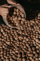 Hands pour walnuts from plastic bucket