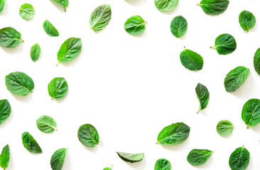 Creative layout of mint herbs with space for text on white paper. Mockup. View from above. - Image