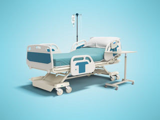 Concept hospital bed with electronic control from the console with dropper and table 3d render on blue background with shadow