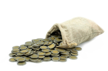 Stacking coin in sack on white background