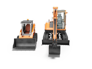 Fototapeta premium Orange mini crawler excavator and mini loader front view 3d render on white background with shadow