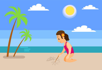 Summer beach, girl drawing sailboat on sand with stick, palms and sea vector. Child at seaside, holidays or vacation, kid and outdoor activity, ocean coast