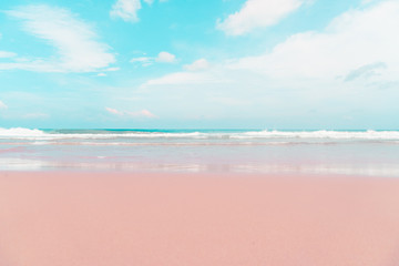 Tropical nature clean beach and white sand in summer with sun light blue sky and bokeh background.