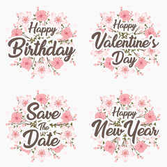 Greeting card template for happy birthday valentine's day and happy new year with flower wreath.