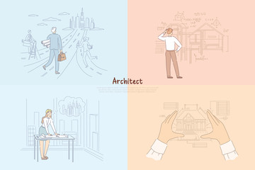 Architect creative work process, man walking towards future town project, woman designing cityscape banner