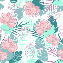 Vector seamless pattern with tropical leaves and flowers. Fashion floral background. For wrapping paper, cover design,  wallpaper for flower store, atelier, spa, boutique, beauty salon, print on tile.