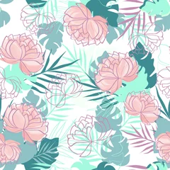 Behang Vector seamless pattern with tropical leaves and flowers. Fashion floral background. For wrapping paper, cover design,  wallpaper for flower store, atelier, spa, boutique, beauty salon, print on tile. © Kateryna