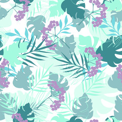 Vector seamless pattern with tropical leaves and rowan. Fashion floral background. For wrapping paper, cover design,  wallpaper, atelier, spa, boutique, beauty salon, print on clothes.