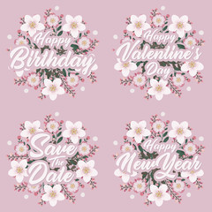 Greeting card template for happy birthday valentine's day and happy new year with flower wreath.