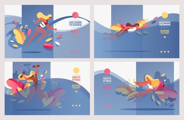 Vector landing pages for sport in pool, aqua courses for women. Aqua aerobics, yoga, training and exercises in bright vivid banners with blue water waves