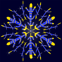 Snowflake in the style of hand-drawing yellow and blue on a dark blue background. Background for winter fabric design, print of christmas greeting cards, new year invitations.