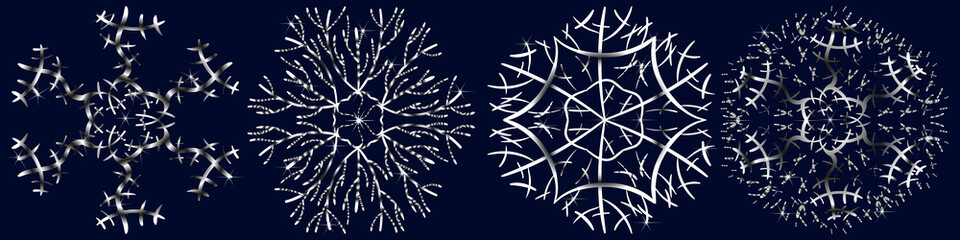 Set of snowflakes in the style of hand-drawing on a dark blue background. For decorating the winter theme, design of New Year's greeting cards, Christmas invitations, background for the site, banners.