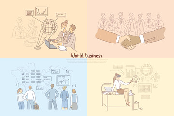 Global trade, digitalized business development, international partnership, stock market analytics, global trade banner