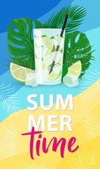 Vector summer time poster with glass of mojito cocktail. Cute typography poster with exotic tropical leaves backdrop. Inspirational quote for season design, banner, poster, flyer, invitation, stories.
