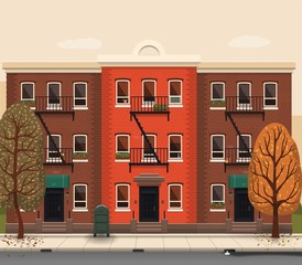Illustration of a city landscape with townhouses. Brooklyn street view. Flat art style. Housing, real estate market, architecture design, property investment concept banner.