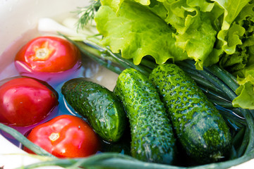 Composition with raw vegetables, in a white iron bowl