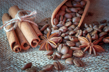 Roasted coffee beans, star anise and cinnamon