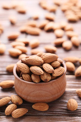 Almonds in bowl on brown wooden table