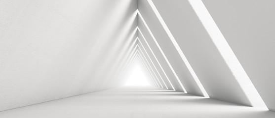Empty Long Light Corridor. Modern white background. Futuristic Sci-Fi Triangle Tunnel. 3D Rendering - obrazy, fototapety, plakaty