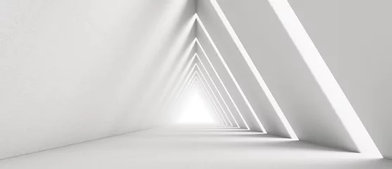 Foto op Aluminium Empty Long Light Corridor. Modern white background. Futuristic Sci-Fi Triangle Tunnel. 3D Rendering © Chanchai