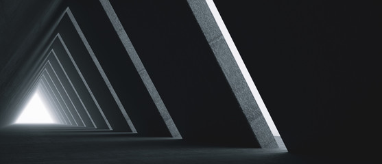 Obraz premium Pusty długi jasny korytarz. Nowoczesne tło betonu. Futurystyczny tunel Sci-Fi Triangle. Renderowanie 3D