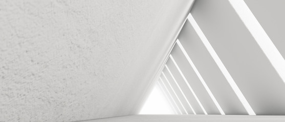 Obraz premium Empty Long Light Corridor. Modern white background. Futuristic Sci-Fi Triangle Tunnel. 3D Rendering