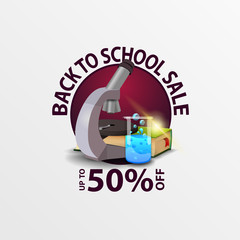 Back to school sale, round discount banner with microscope, books and chemical flask