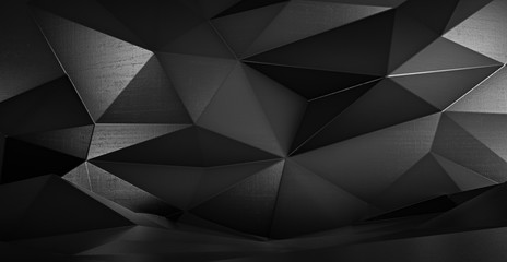 Fototapeta premium Abstract black futuristic polygonal shape of triangulated surface. Low poly crystal random pattern background. 3d rendering.