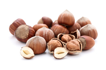 Hazelnuts isolated on white background