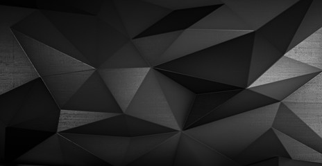 Abstract black futuristic polygonal shape of triangulated surface. Low poly crystal random pattern background. 3d rendering.