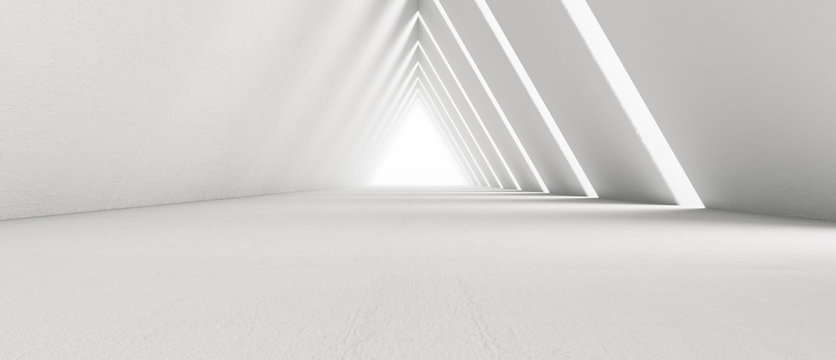 Empty Long Light Corridor. Modern white background. Futuristic Sci-Fi Triangle Tunnel. 3D Rendering © Chanchai