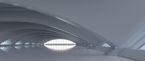 Futuristic curve tunnel. Long corridor interior view. Future modern showroom background concept. Abstract interior design. 3D rendering.
