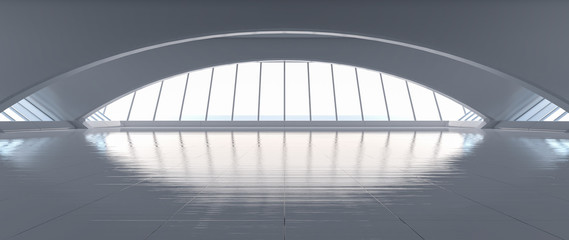 Fototapeta premium Futuristic curve tunnel. Long corridor interior view. Future modern showroom background concept. Abstract interior design. 3D rendering.
