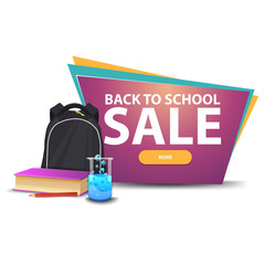 Back to school sale, discount banner with a button, school backpack, a book and a chemical flask