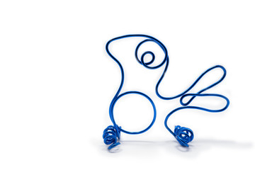 Selective focus picture of handmade Little Bird made by aluminium wire and  with isolate white background and copy space, close up background