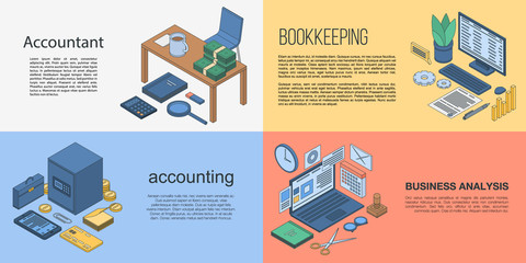 Accountant banner set. Isometric set of accountant vector banner for web design