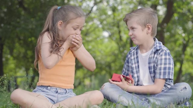 Pretty little girl and the handsome boy sitting on the grass together. The boy taking a small red box and opened it, giving present to the girl, she is happy and surprised. Summertime leisure