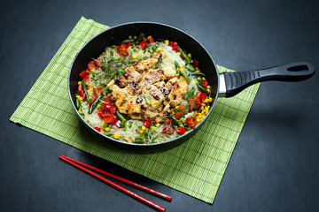 European version of Asian bean noodles with chicken and vegetables