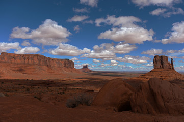 Monument Valley National Park with blue skies and clouds
