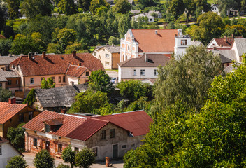 Fototapeta na wymiar View over the roofs of the old small town of Sabile in Latvia