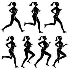 Collection. Silhouette of slender lady. The girl is running. The woman goes in for sports, strengthens health. Vector illustration set