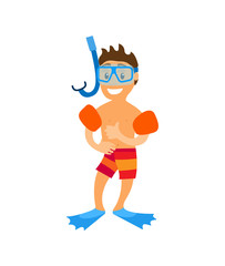 Boy wearing underwater mask, flippers and inflatable circles, smiling character in shorts, portrait view of teenager in swimming equipments vector © robu_s