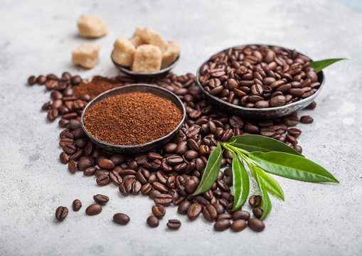 Fresh raw organic coffee beans with ground powder and cane sugar cubes with coffee trea leaf on light kitchen table background.