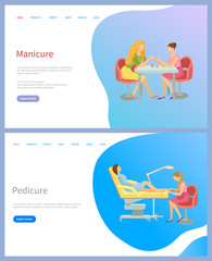 Manicure and pedicure spa procedures, master making fashion nails for client. Woman sitting at table at salon, fingers and toes treatment, web page vector