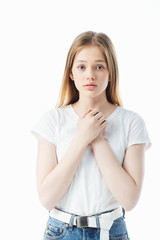 tense teenage girl looking at camera isolated on white