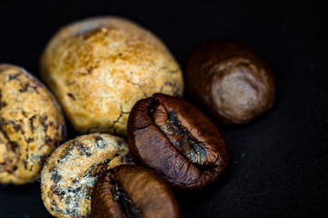 Brown roasted coffee and cocoa beans on black background, close up, macro